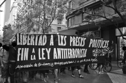 Banner auf einer Solidemo für die 14. August-Bombs Case Gefangenen in Chile - "Libertad a lxs presxs politicxs - Fin a la ley antiterrorista"