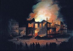 Burning parliament in Montreal in 1849