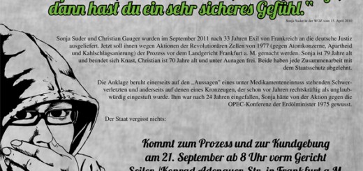 Kommt zum Prozess und zur Kundgebung am 21. September ab 8 Uhr vorm Gericht Seiler-/Konrad-Adenauer-Str. in Frankfurt a.M. Freiheit und Glück für Sonja und Christian